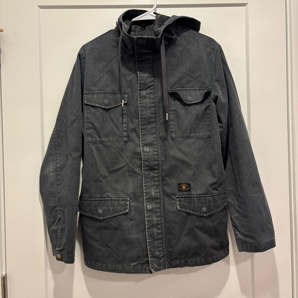 DC Shoes Mens Hooded Field Jacket Washed Black Utility M-65 Style Size Small